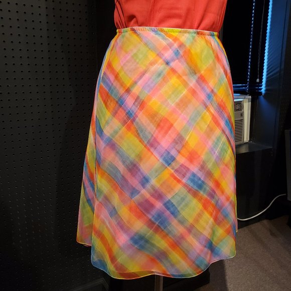 VINTAGE 1960s NEON PLAID SLIP SKIRT (DOUBLE LINED) - Picture 4 of 8
